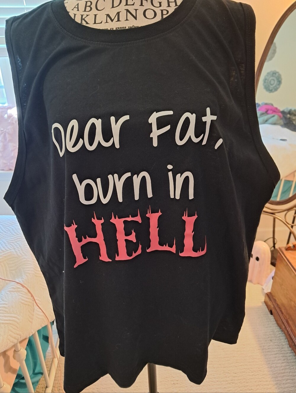 Black Graphic Tank Top with 'Dear Fat, burn in HELL' Print 2xl